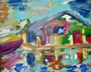 The Boathouse Acrylic abstract impressionist painting on canvas. 20 x 16 framed.