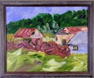 The Woodshed Acrylic impressionist landscape painting on canvas. 20 x 16 framed.