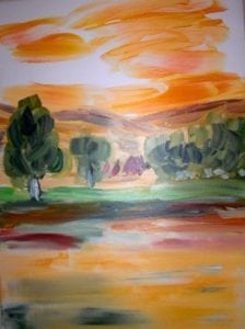 Acrylic on canvas, painting of summer pasture with hills in background